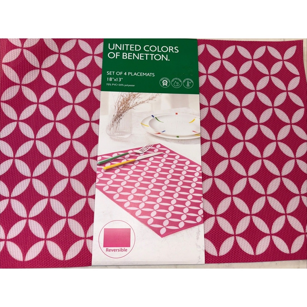 BENETTON set Of 4 Placemats Pink White 18"x13" PVC/Polyester Summer Picnic Party